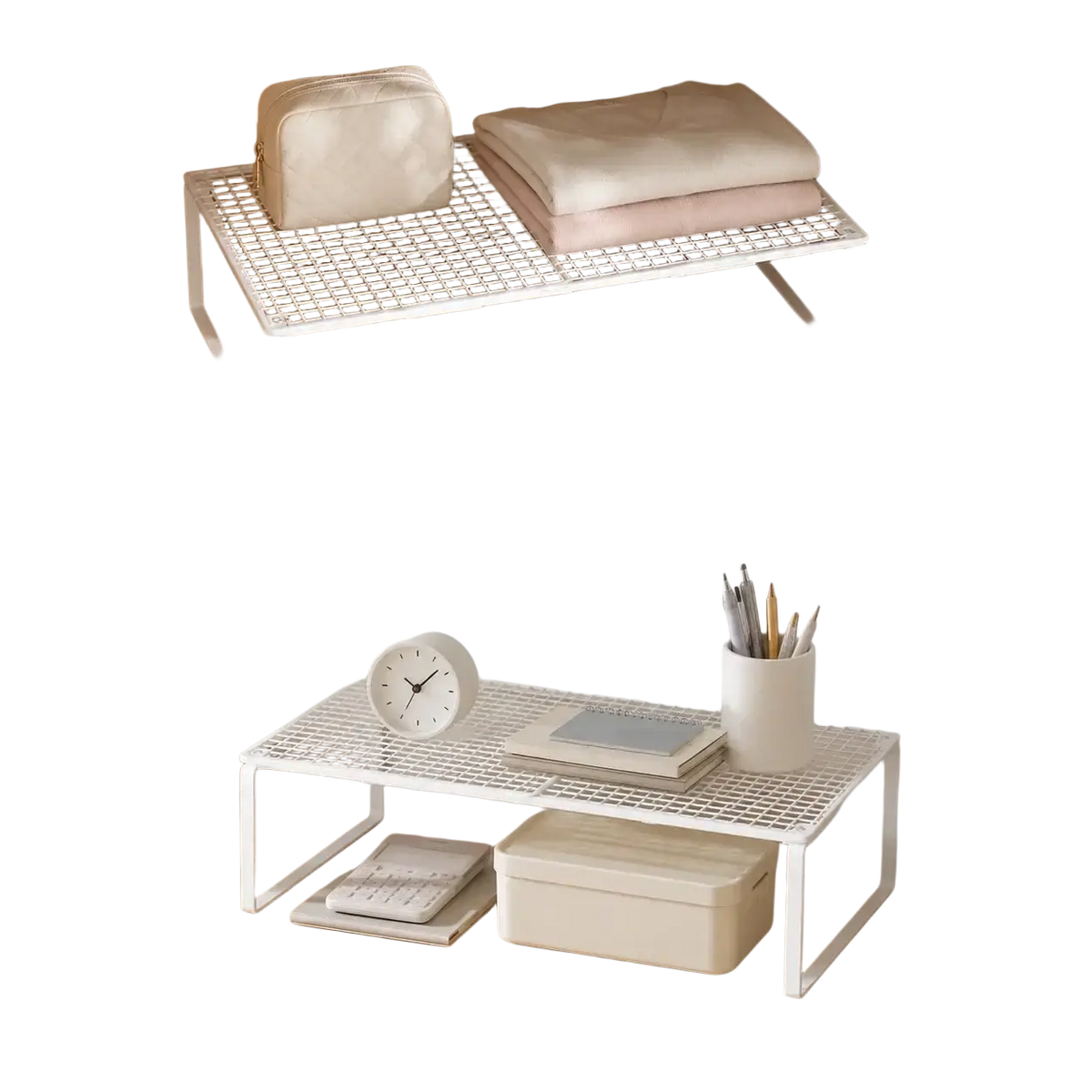 White metal grid shelf with minimalist design featuring expandable white mesh for closet organization and storage