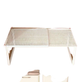 Expandable metal closet shelf white mesh organizer with adjustable height and grid pattern for cabinet or wardrobe use