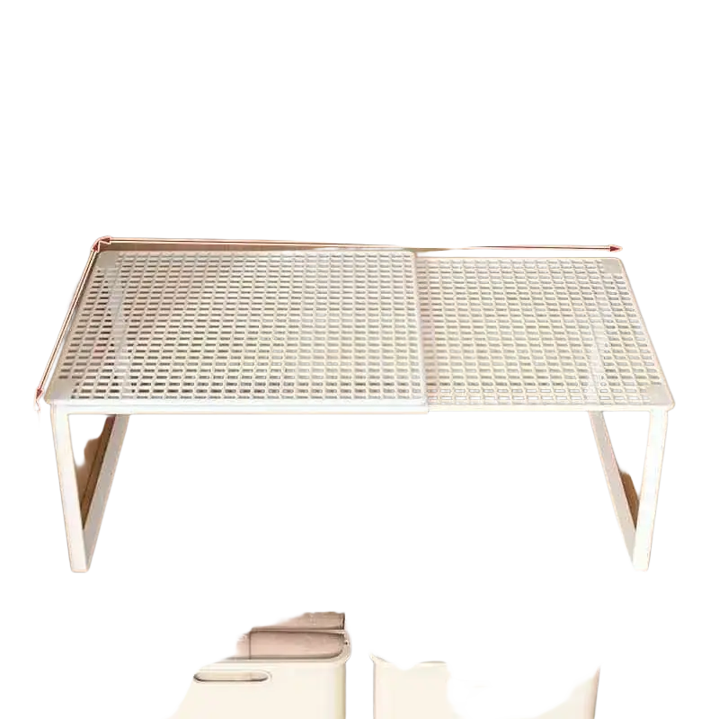 Expandable metal closet shelf white mesh organizer with adjustable height and grid pattern for cabinet or wardrobe use