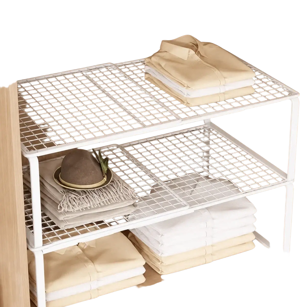 Expandable metal closet shelf featuring a white wire mesh three-tier shelving unit for organized storage