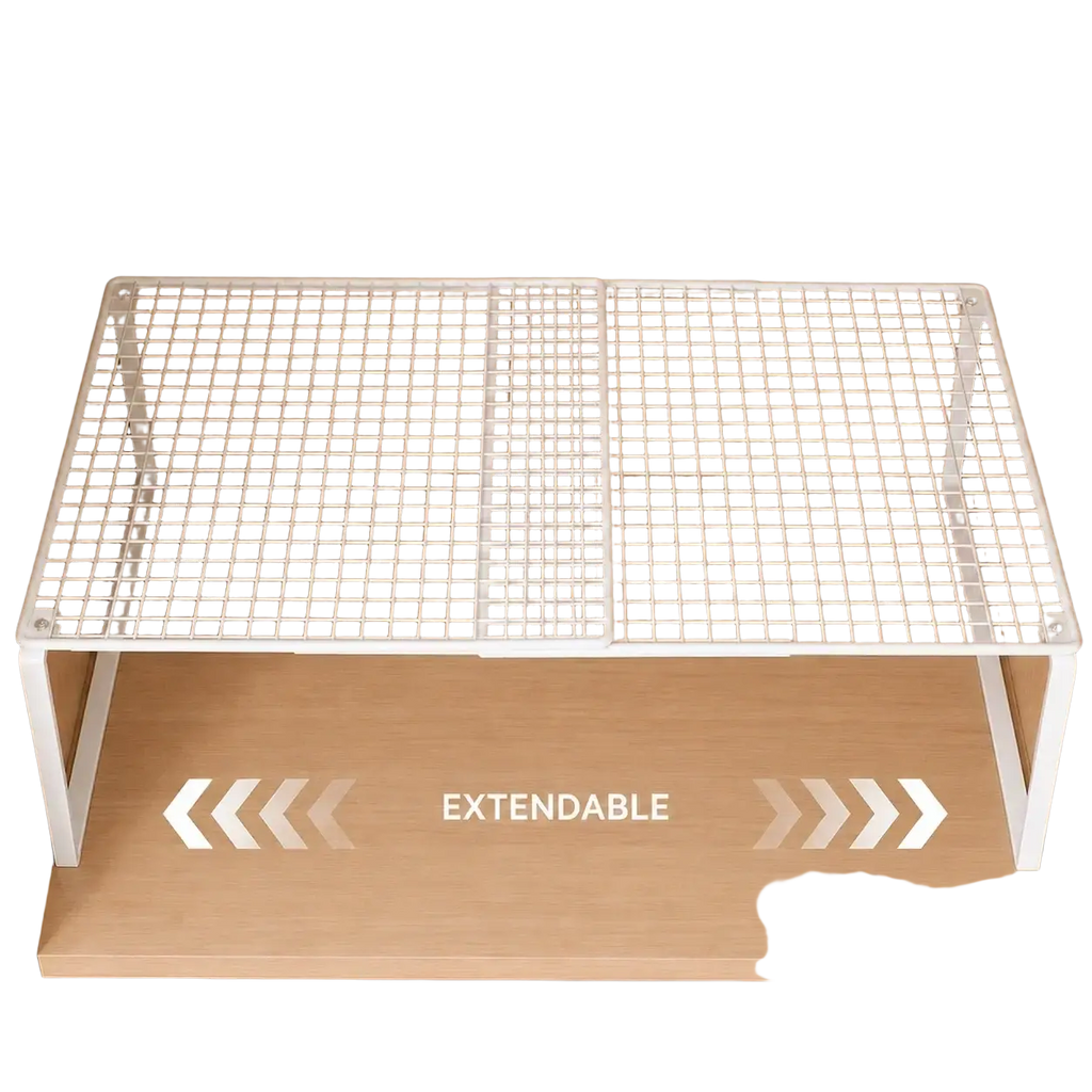White expandable metal closet shelf with mesh organizer grid pattern and adjustable legs for versatile storage