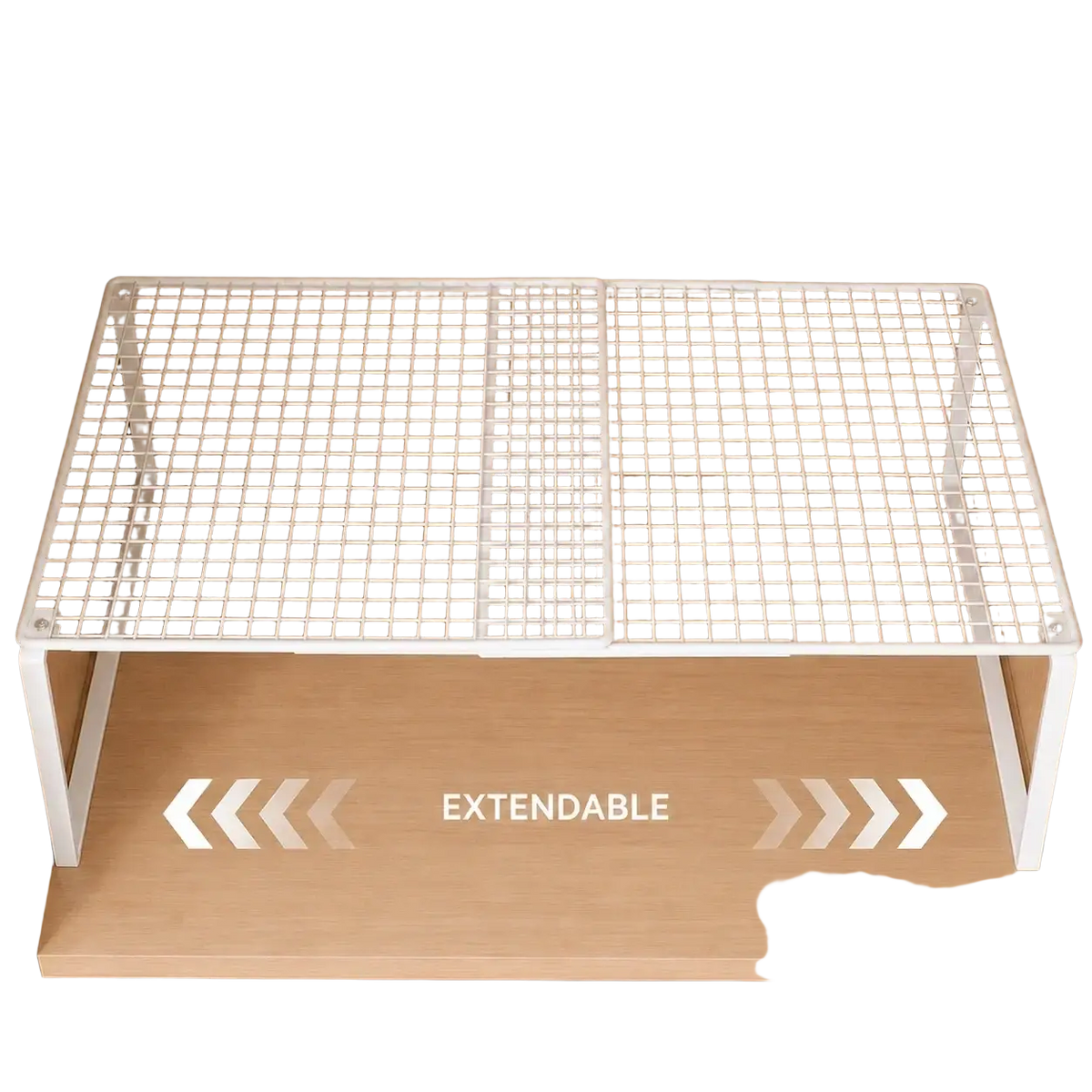 White expandable metal closet shelf with mesh organizer grid pattern and adjustable legs for versatile storage