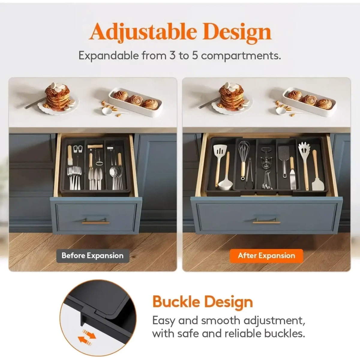 Expandable silverware drawer organizer with black adjustable compartments and wooden-handled kitchen utensils
