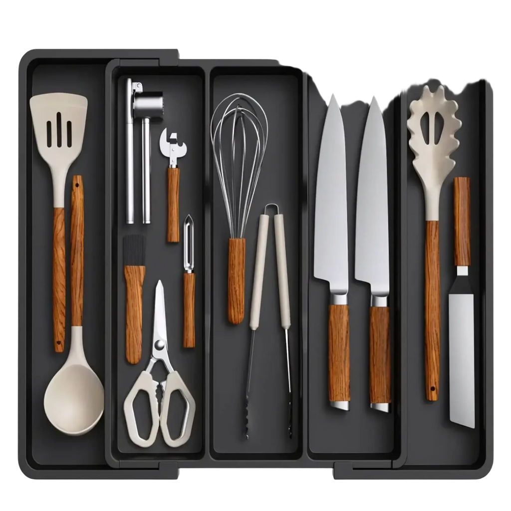 Expandable silverware drawer organizer in black plastic with wooden-handled utensils and stainless steel blades