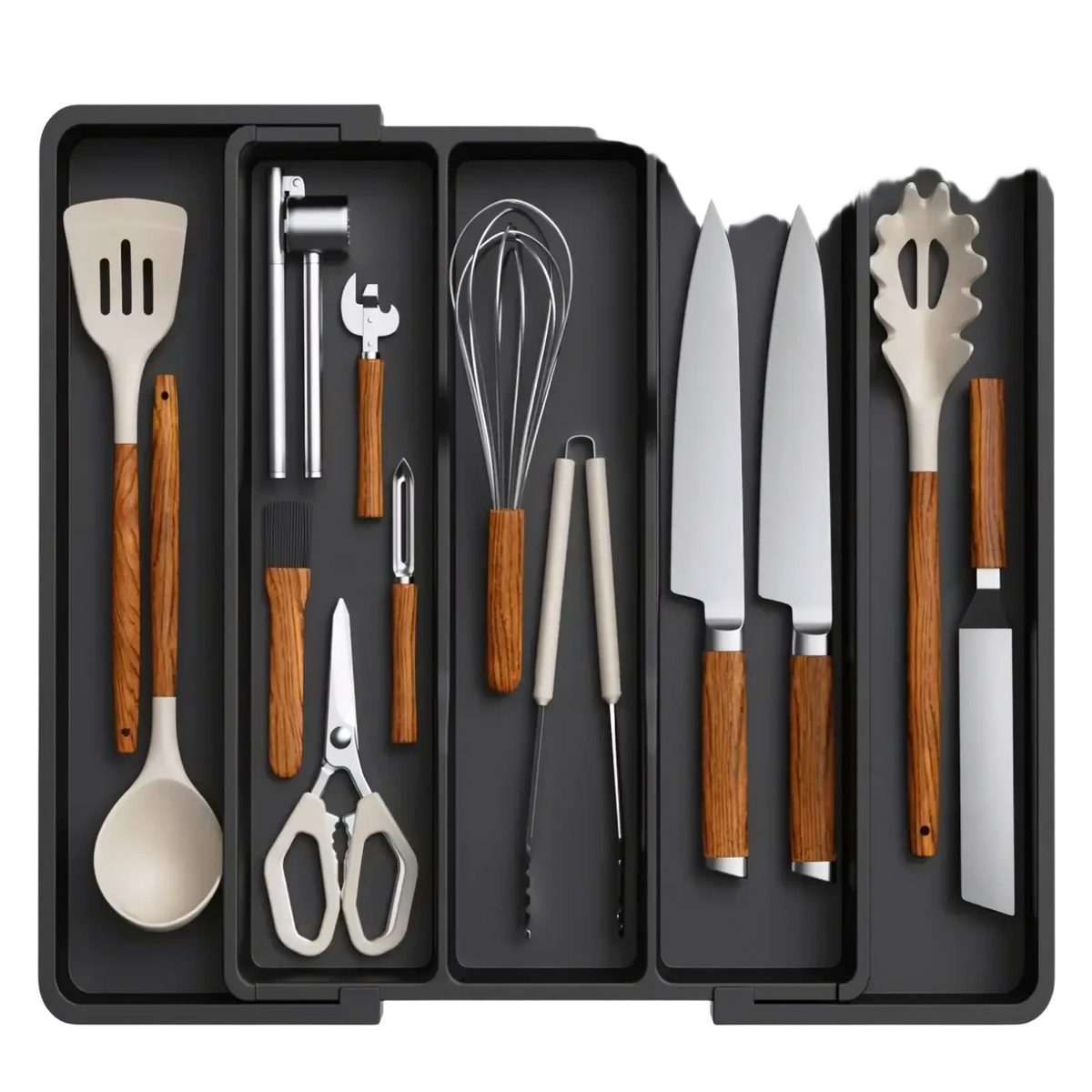 Expandable silverware drawer organizer in black plastic with wooden-handled utensils and stainless steel blades