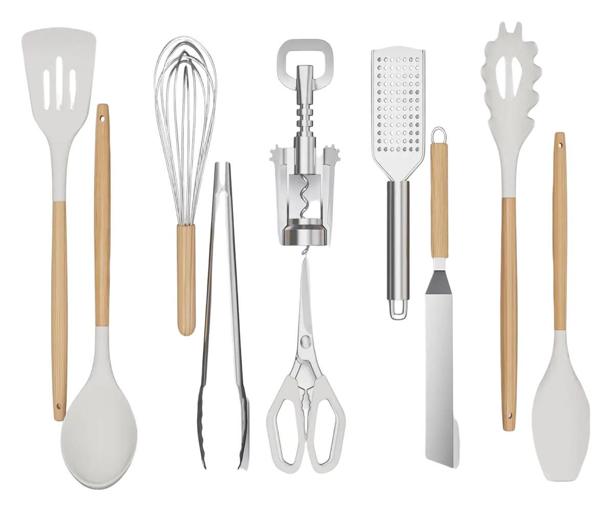 Expandable silverware drawer organizer white plastic with compartments holding spatulas whisk tongs and corkscrew