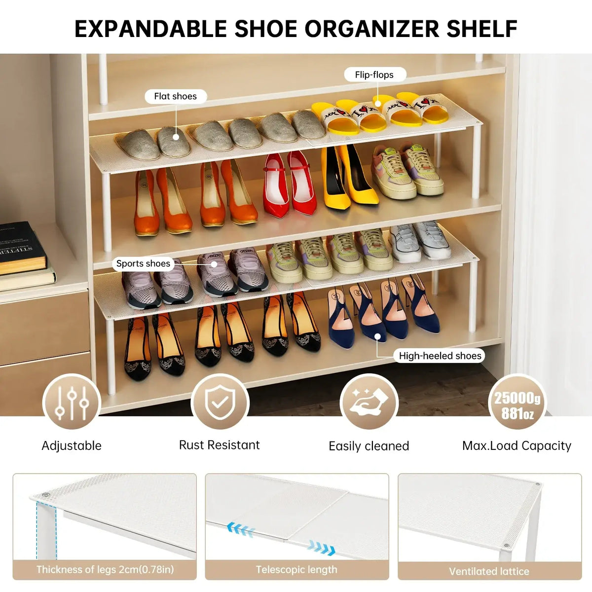 Expandable white metal shoe rack storage organizer with adjustable telescopic legs and ventilated lattice design