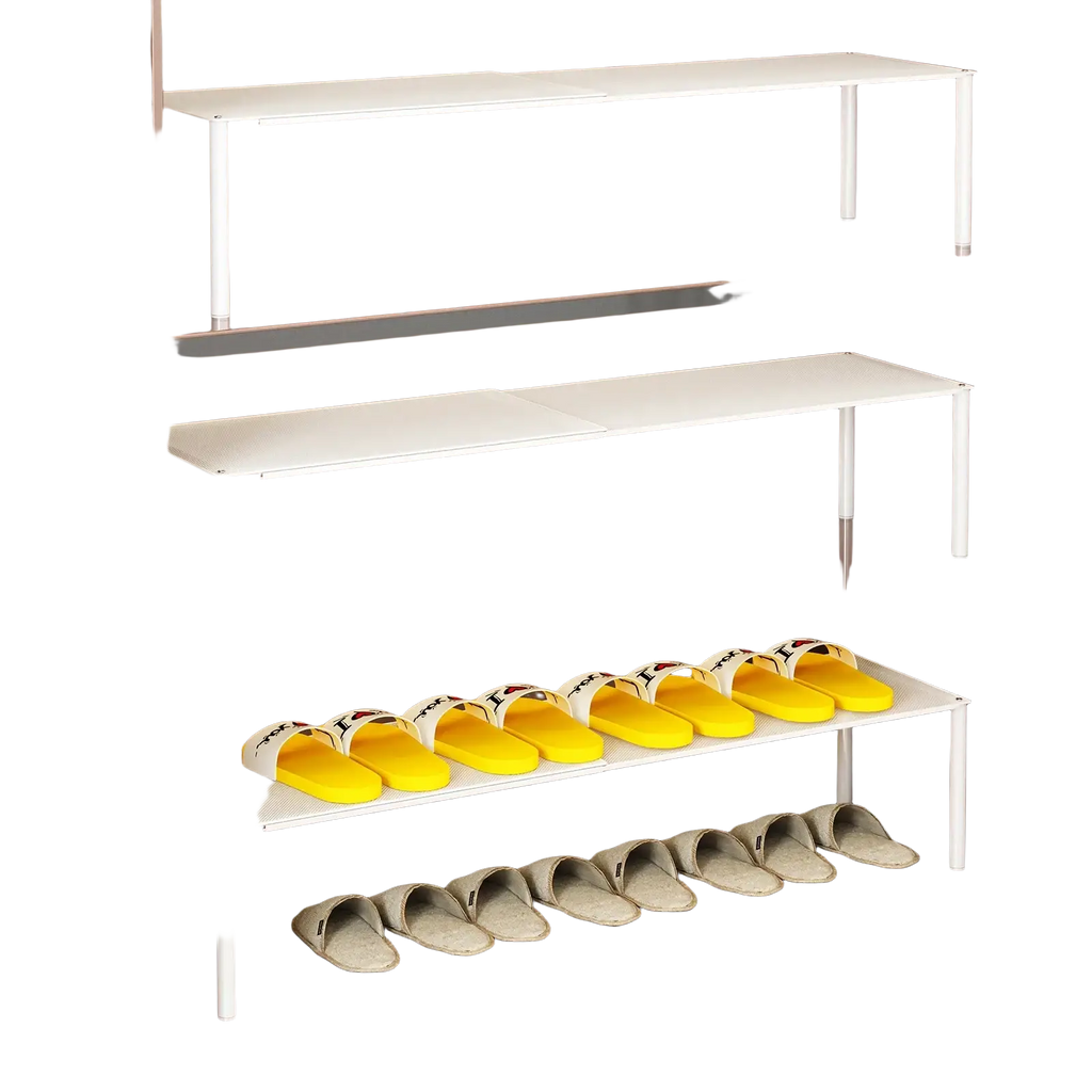 Expandable white metal shoe rack with three tiers holding rows of sandals and slippers for organized storage