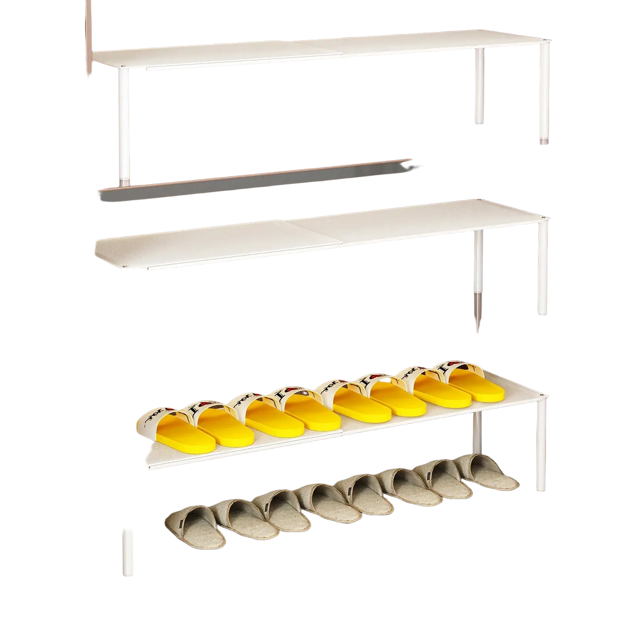 Expandable white metal shoe rack with three tiers holding rows of sandals and slippers for organized storage