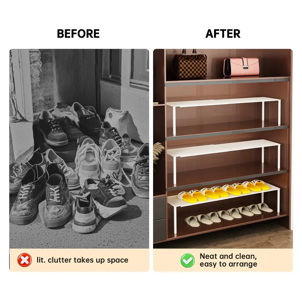 Expandable white metal shoe rack storage organizer with four shelves for efficient shoe storage and organization