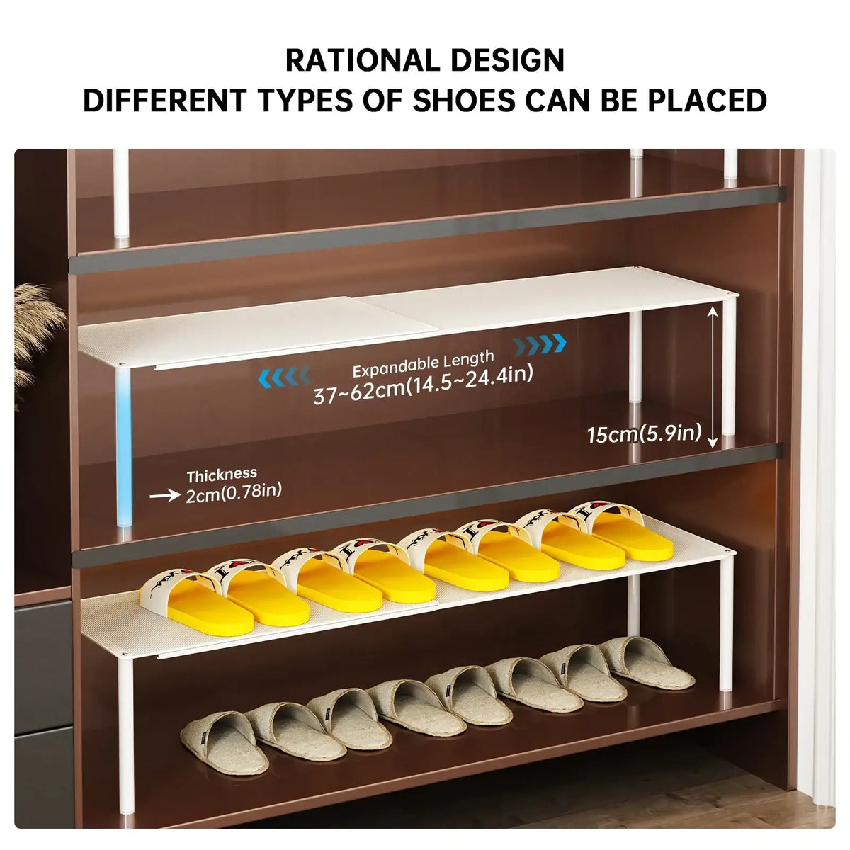 Expandable white metal shoe rack with adjustable shelves and metal legs for organized shoe storage