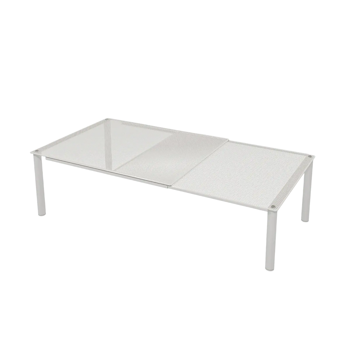 Expandable white metal shoe rack storage organizer with mesh coffee table top and slender extendable legs