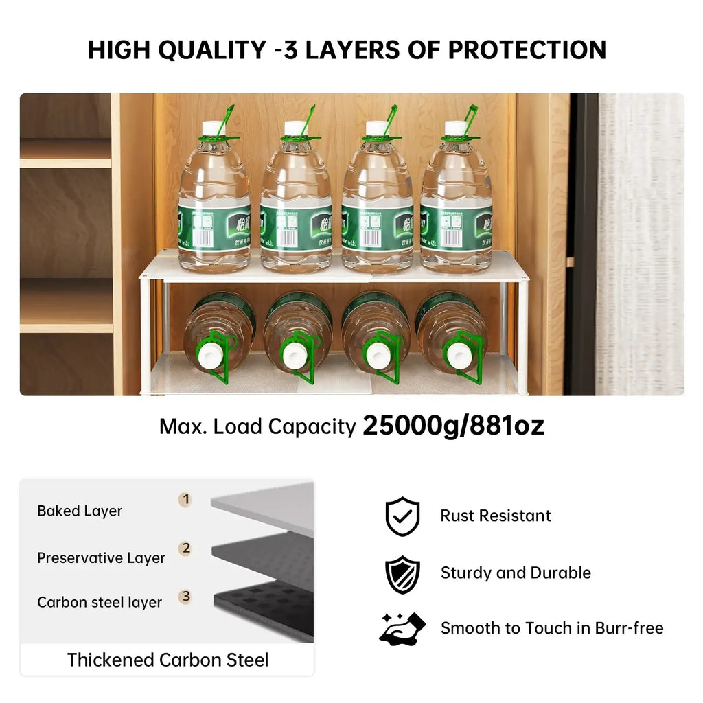 Expandable white metal shoe rack storage organizer with three horizontal tiers designed to hold multiple bottles securely