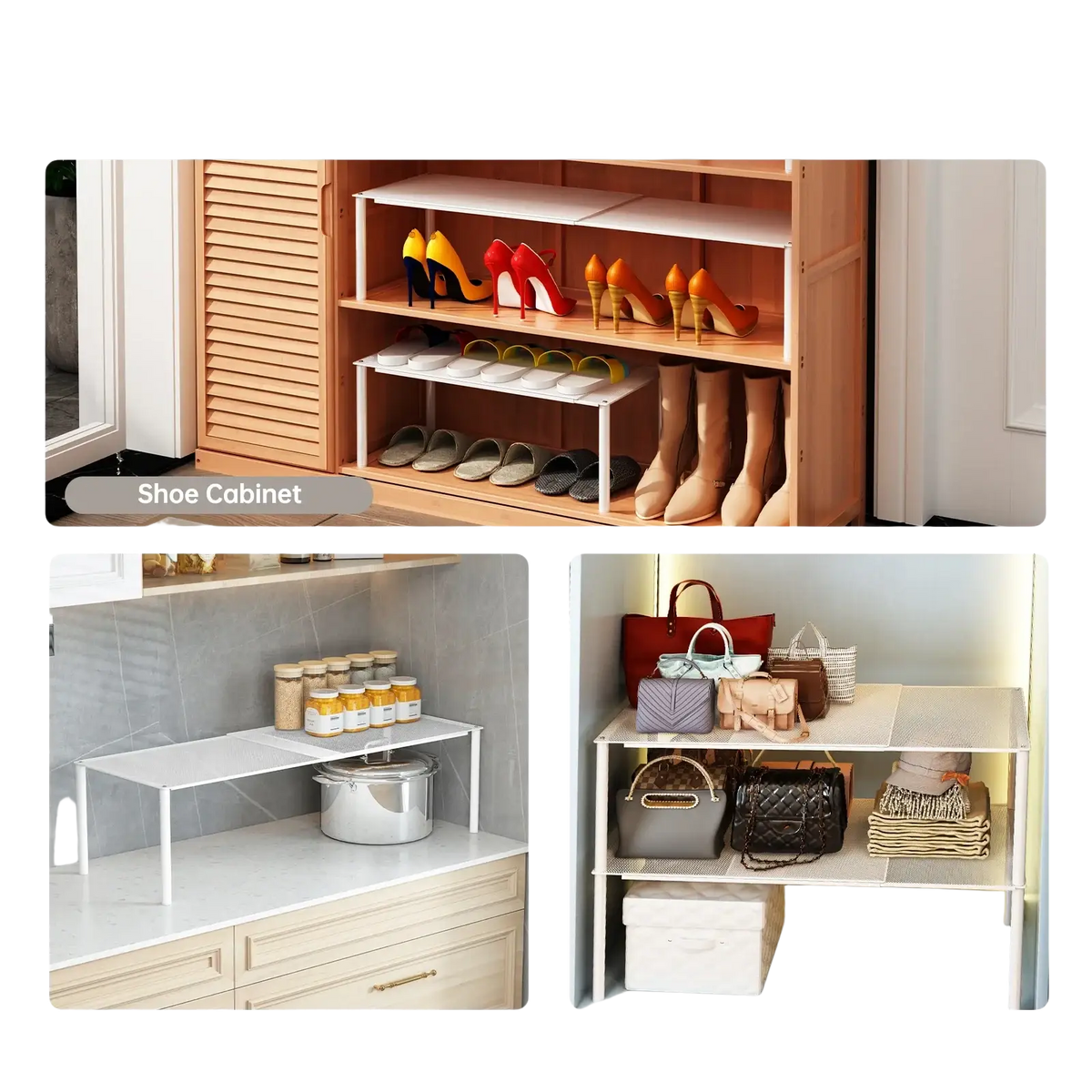 Expandable white metal shoe rack storage organizer with multiple tiers for versatile home storage solutions