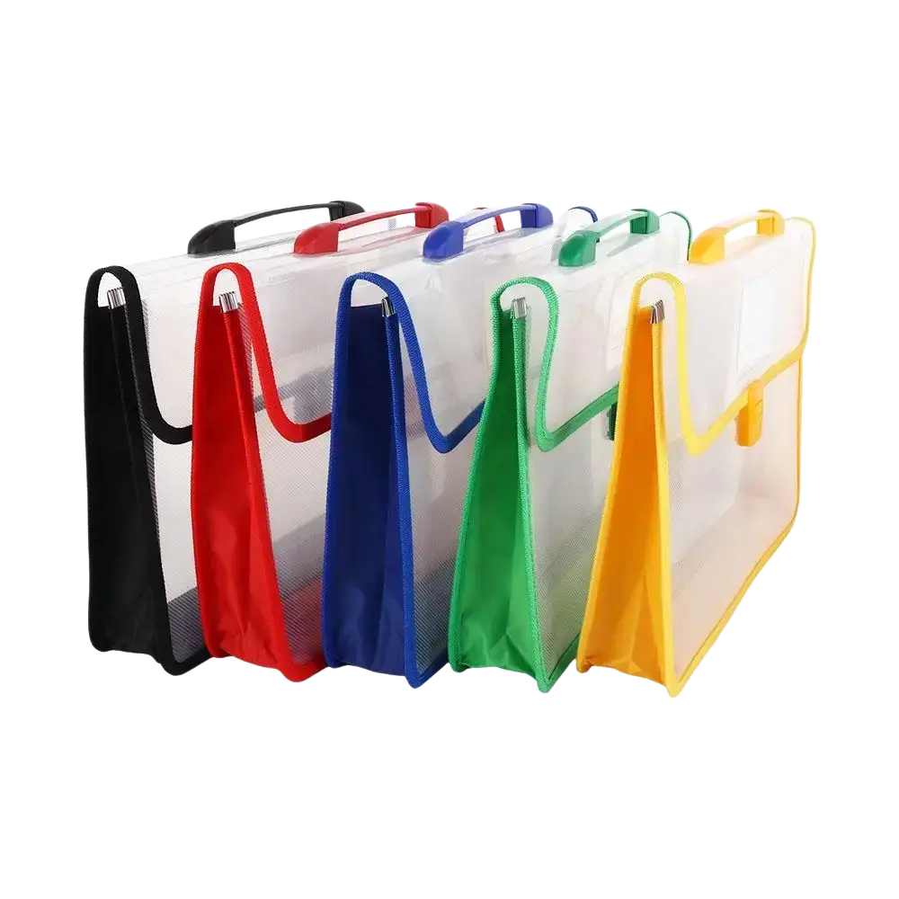 Expanding A4 document organizer file folder bag with clear plastic body and colorful black red blue green yellow fabric handles and trim