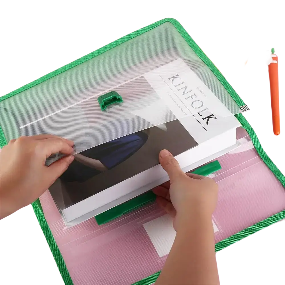 Green mesh expanding A4 document organizer file folder bag with transparent front and green plastic clasps