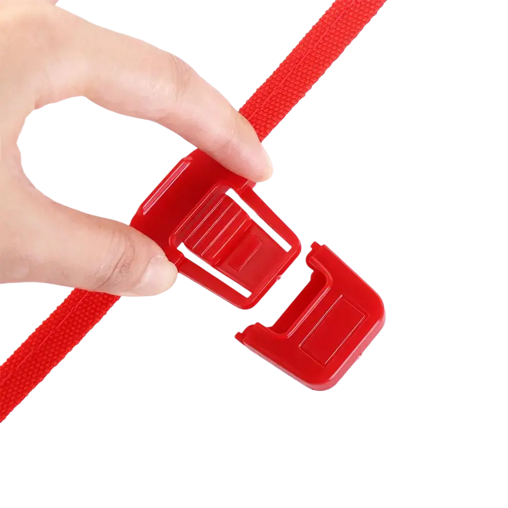 Red plastic buckle with textured strap on expanding A4 document organizer file folder bag for secure closure