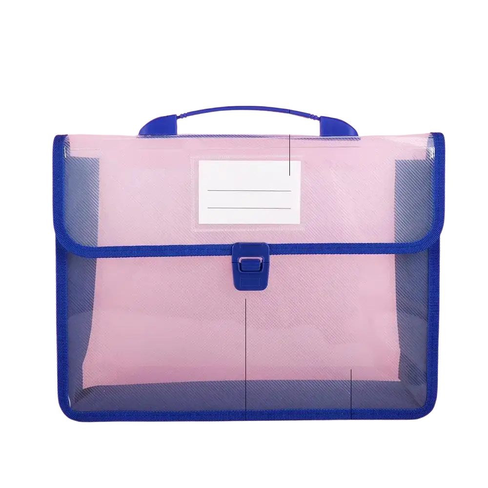 Transparent plastic expanding A4 document organizer file folder bag with blue trim and handle for document storage