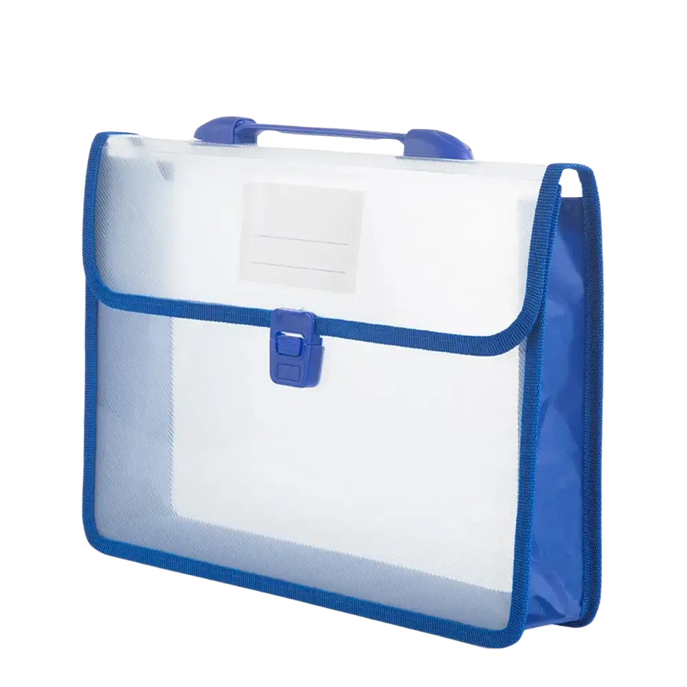 Expanding A4 document organizer file folder bag made of transparent plastic with blue trim handle and clasp for storage