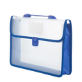Expanding A4 document organizer file folder bag made of transparent plastic with blue trim handle and clasp for storage