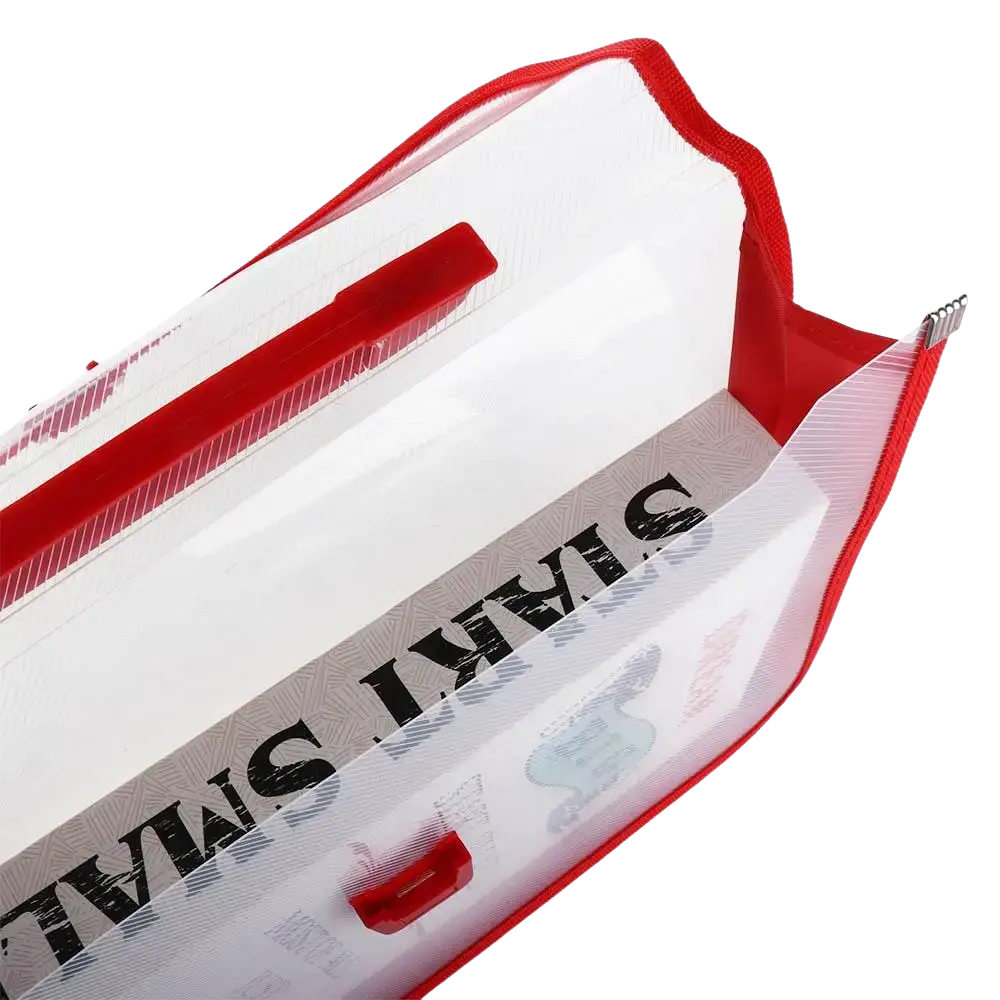 Transparent plastic expanding A4 document organizer file folder with red zipper trim and sinki smal label on the front