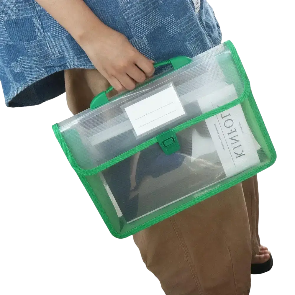 Expanding a4 document organizer file folder bag transparent plastic with green trim handle and clear front panel for visibility