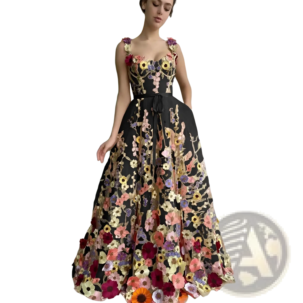 A black floor-length tulle prom gown with vibrant 3d floral appliqués in pink purple yellow and orange