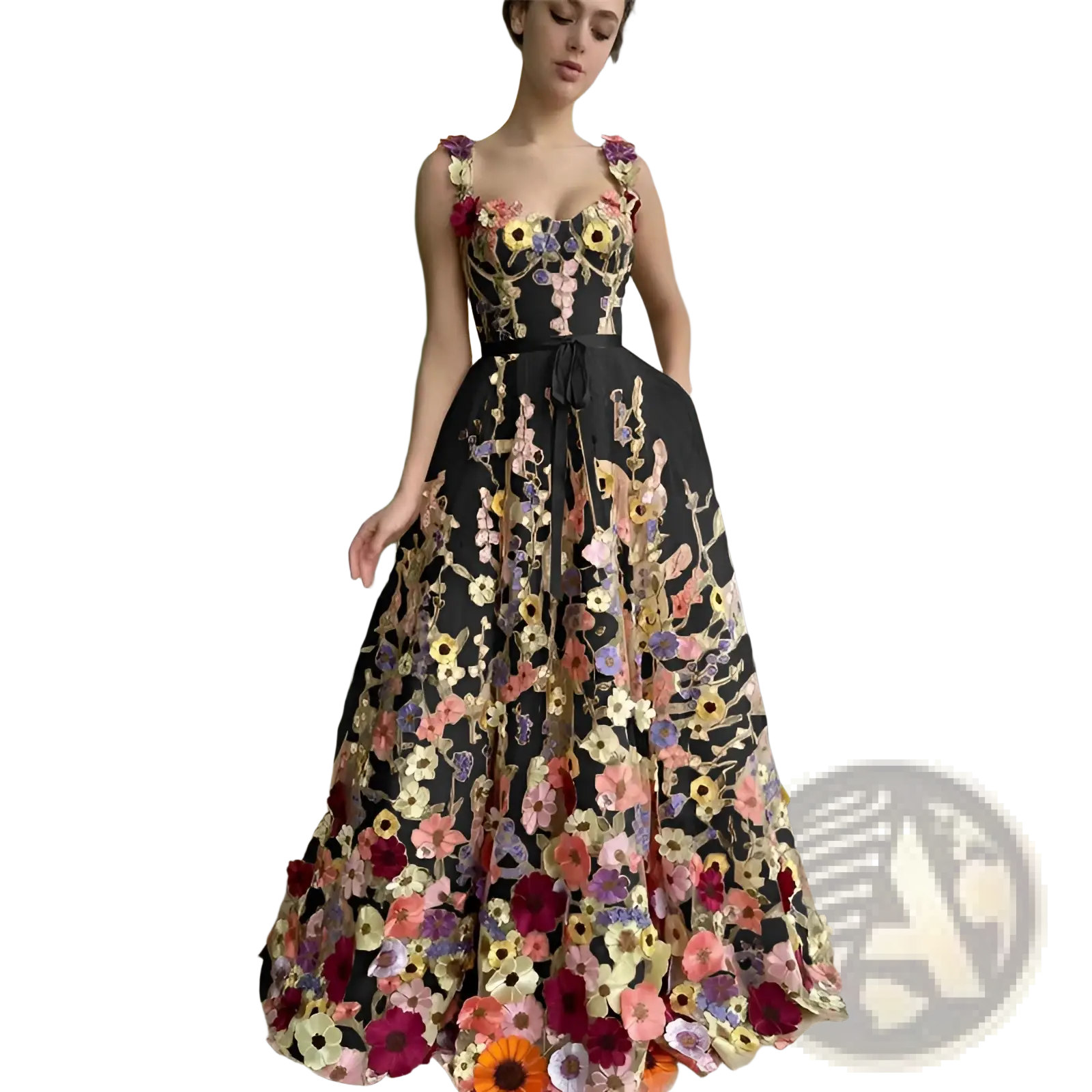 A black floor-length tulle prom gown with vibrant 3d floral appliqués in pink purple yellow and orange