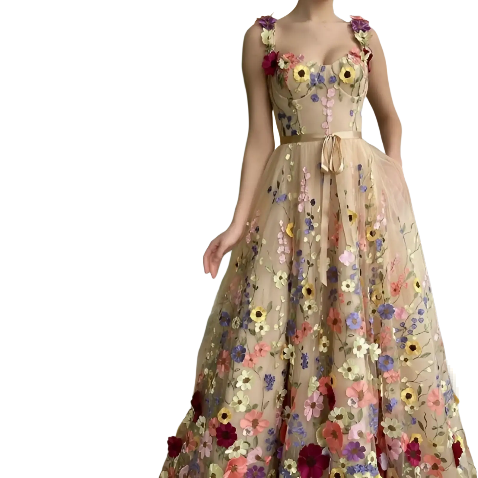 Beige tulle prom gown with exquisite 3d floral embroidered sweetheart neckline and delicate multicolor blossoms