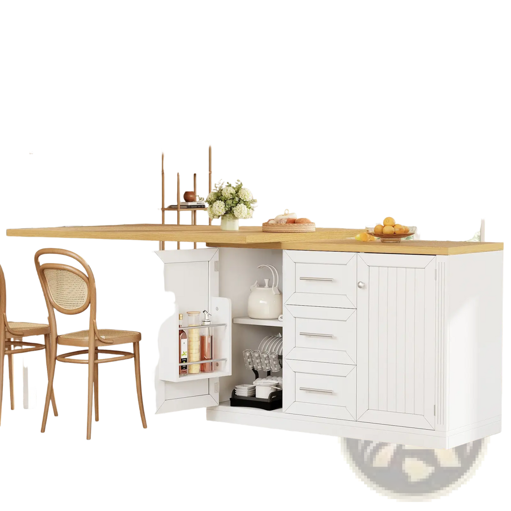 White extendable kitchen island dining table with light wood countertop and built-in storage compartments