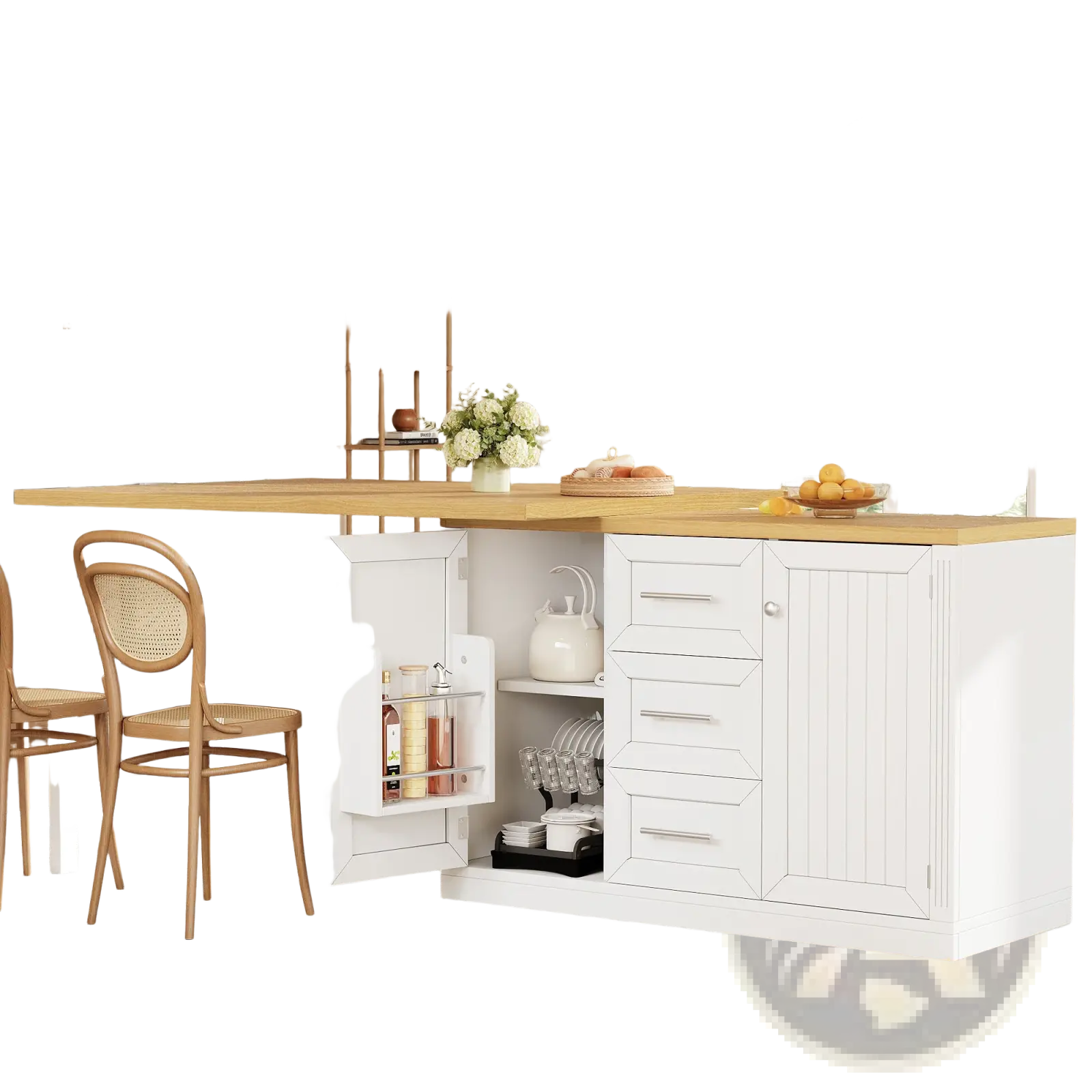 White extendable kitchen island dining table with light wood countertop and built-in storage compartments
