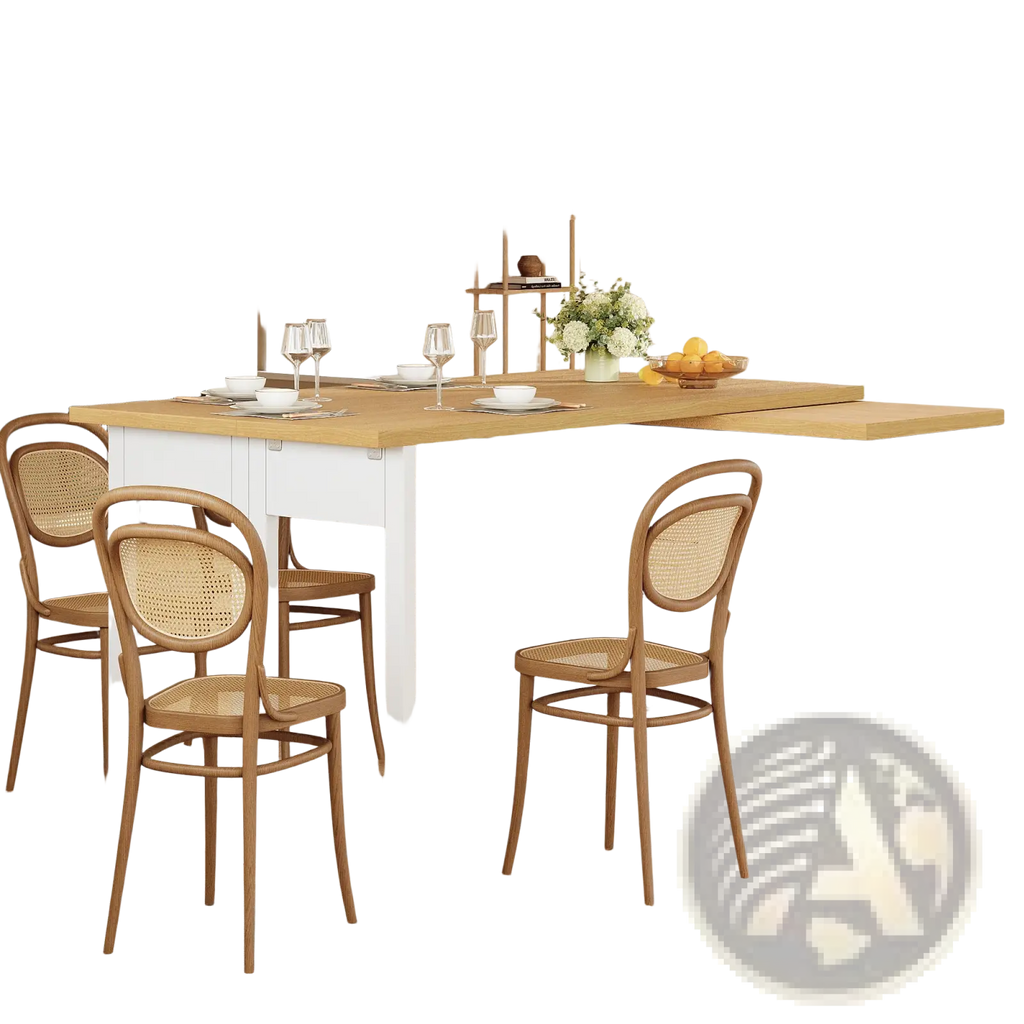 White extendable kitchen island dining table with light wood countertop and cane-back chairs for dining and storage