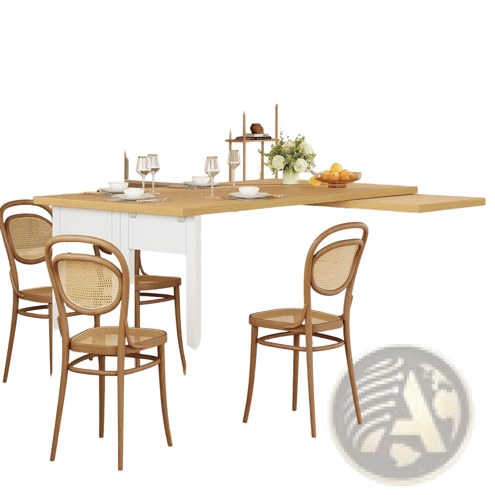 White extendable kitchen island dining table with light wood countertop and cane-back chairs for dining and storage
