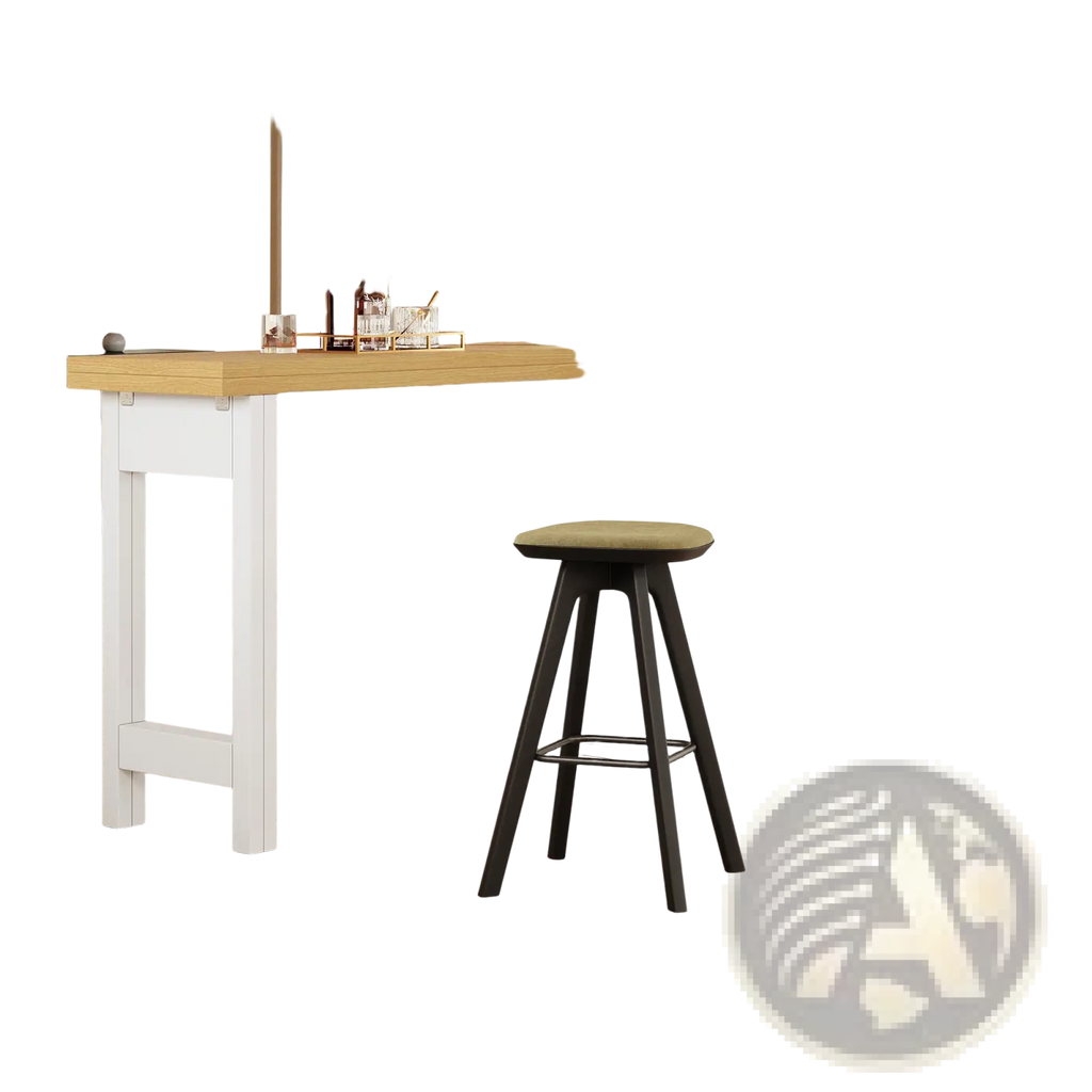 White extendable kitchen island dining table with light wood countertop and black bar stool with storage