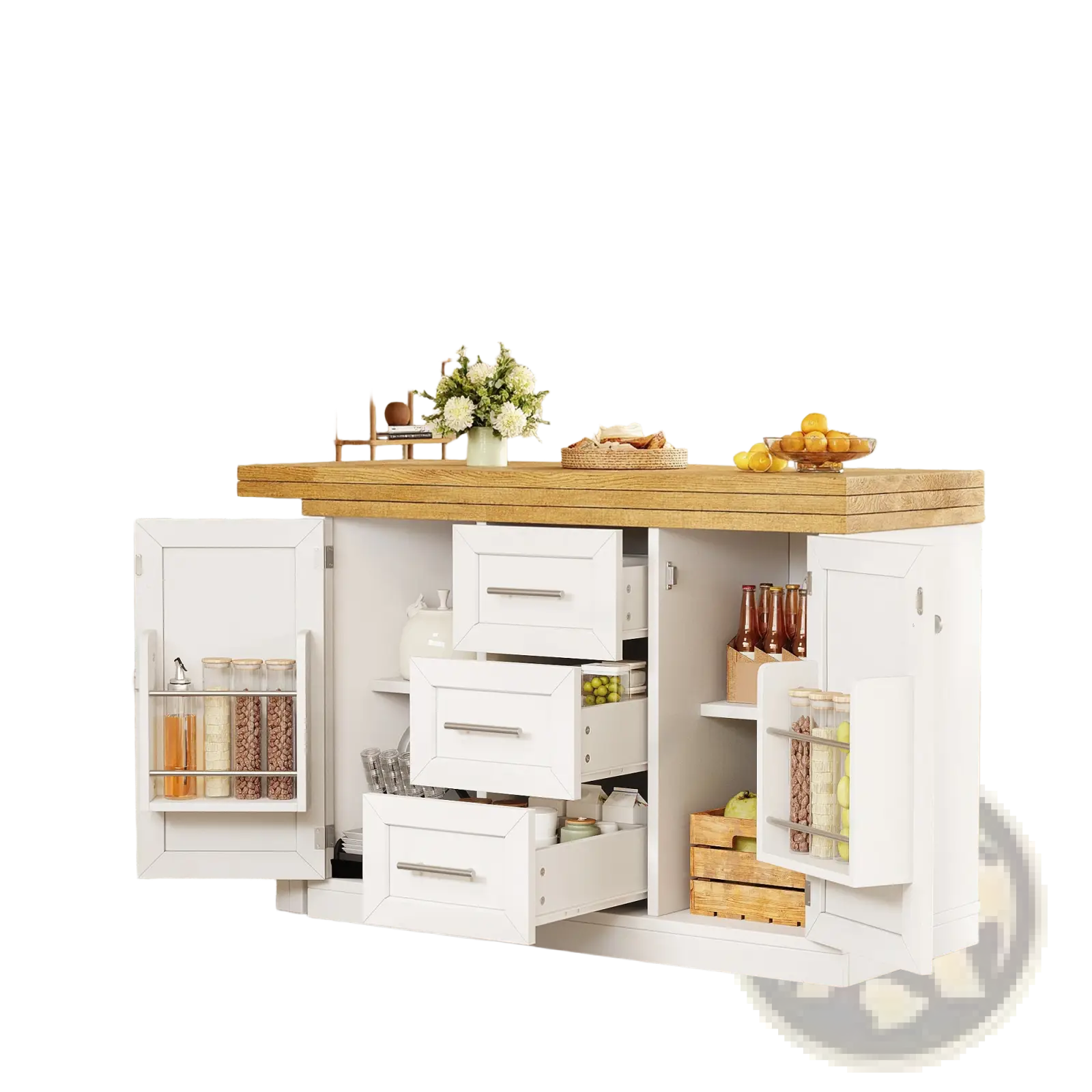 White extendable kitchen island dining table with light wood countertop and multiple storage drawers and cabinets