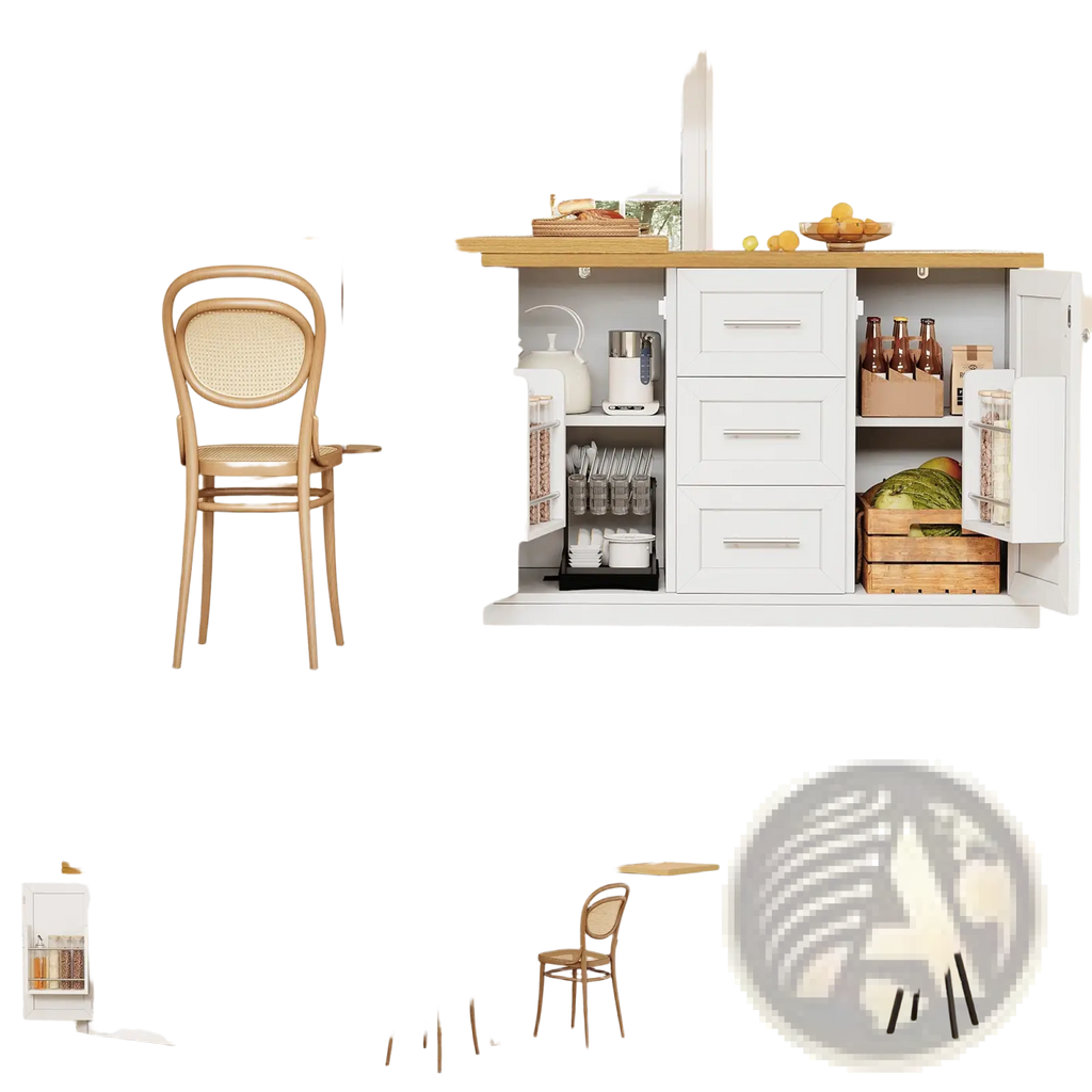 White extendable kitchen island dining table with light wood countertop and multiple storage compartments
