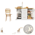White extendable kitchen island dining table with light wood countertop and multiple storage compartments