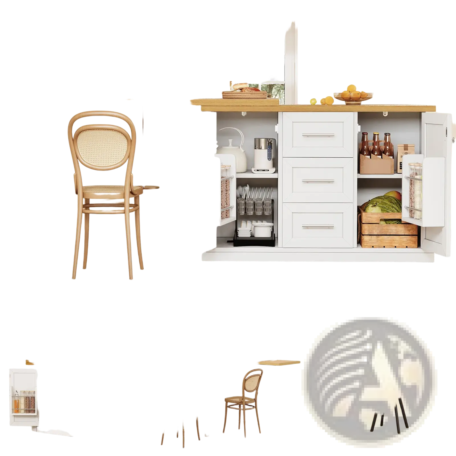 White extendable kitchen island dining table with light wood countertop and multiple storage compartments