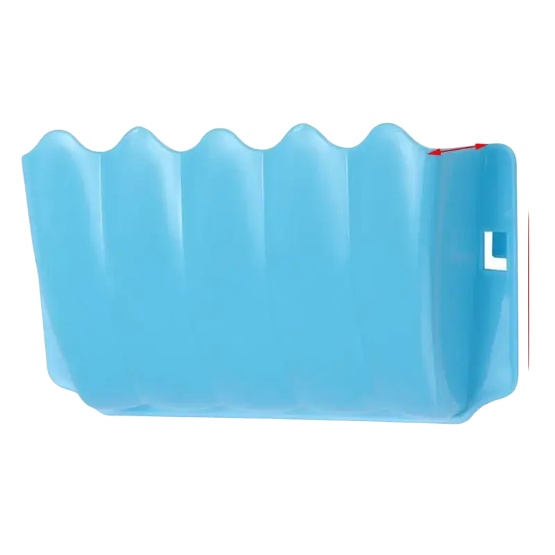 Light blue plastic external rabbit hay feeder food rack with wavy scalloped edge designed for feeding hay