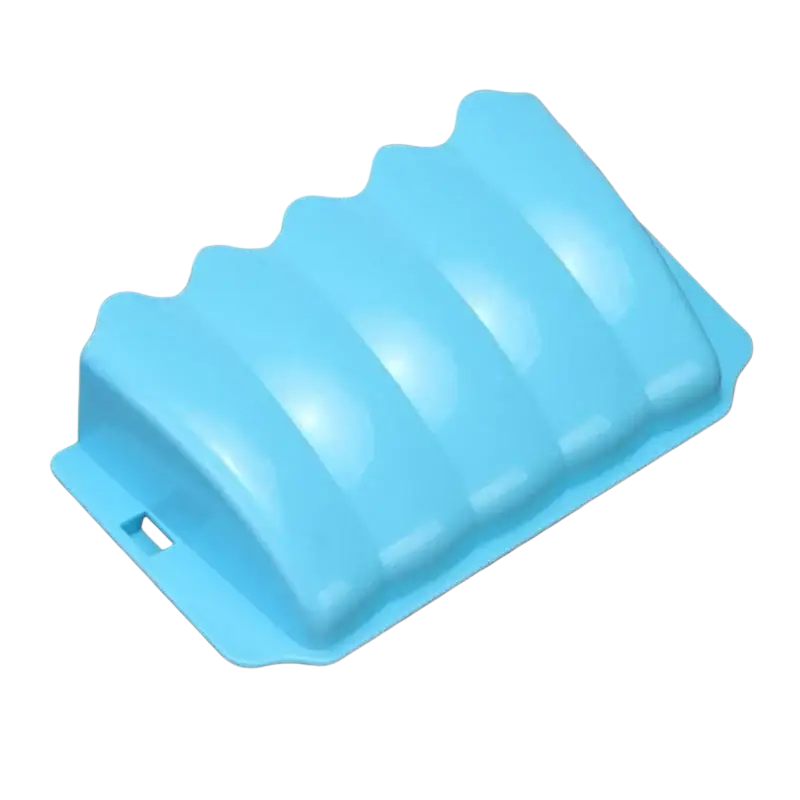 Light blue plastic external rabbit hay feeder with wavy ridged design and rectangular cutout food rack