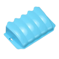 Light blue plastic external rabbit hay feeder with wavy ridged design and rectangular cutout food rack
