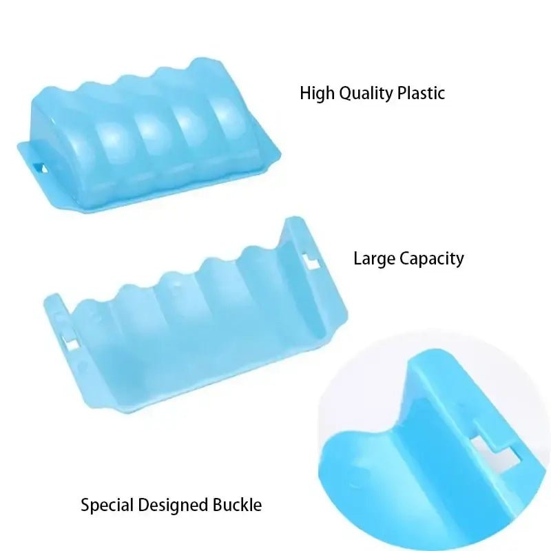 Light blue plastic external rabbit hay feeder food rack with wavy segmented design and special buckle closure