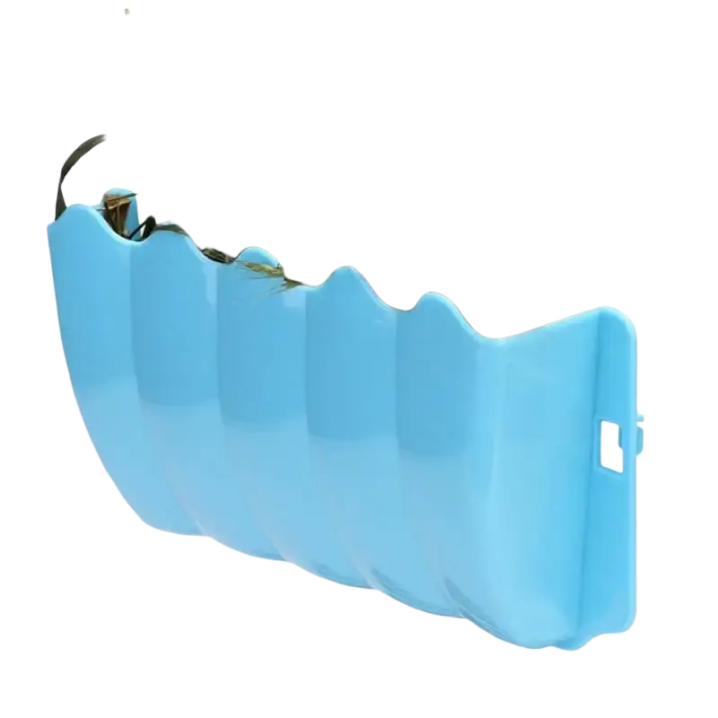 Light blue plastic external rabbit hay feeder food rack with wavy segmented hanging design for easy feeding