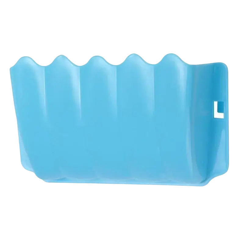 Light blue plastic food rack with wavy scalloped edge and l-shaped cutout for external rabbit hay feeder use
