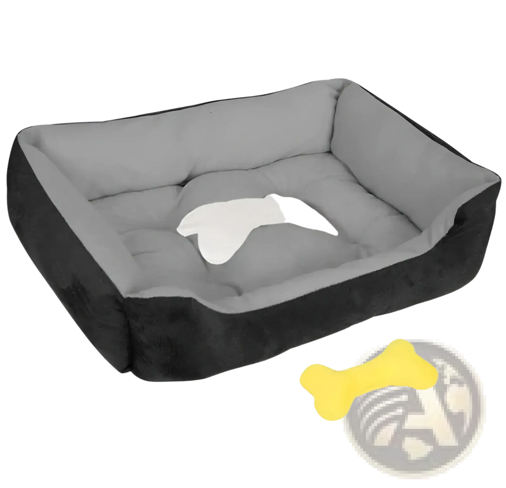 Extra large gray and black plush dog bed with a white paw print cushion for cozy puppy comfort and rest
