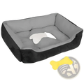 Extra large gray and black plush dog bed with a white paw print cushion for cozy puppy comfort and rest