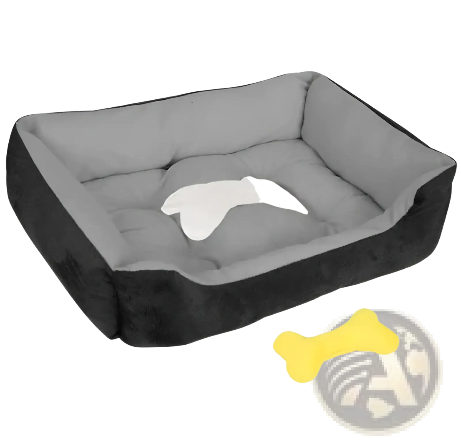 Extra large gray and black plush dog bed with a white paw print cushion for cozy puppy comfort and rest
