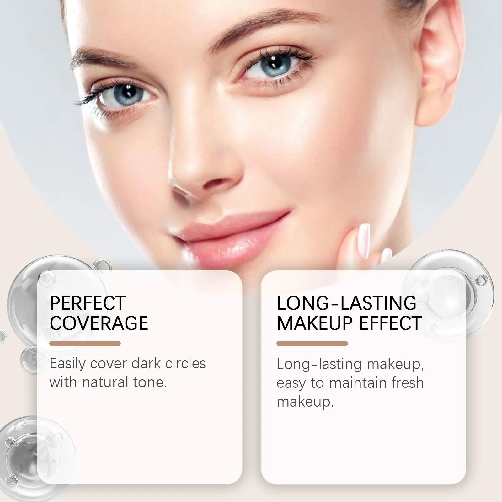 A woman with blue eyes and fair skin wearing subtle makeup demonstrating eye concealer for sensitive skin creamy coverage