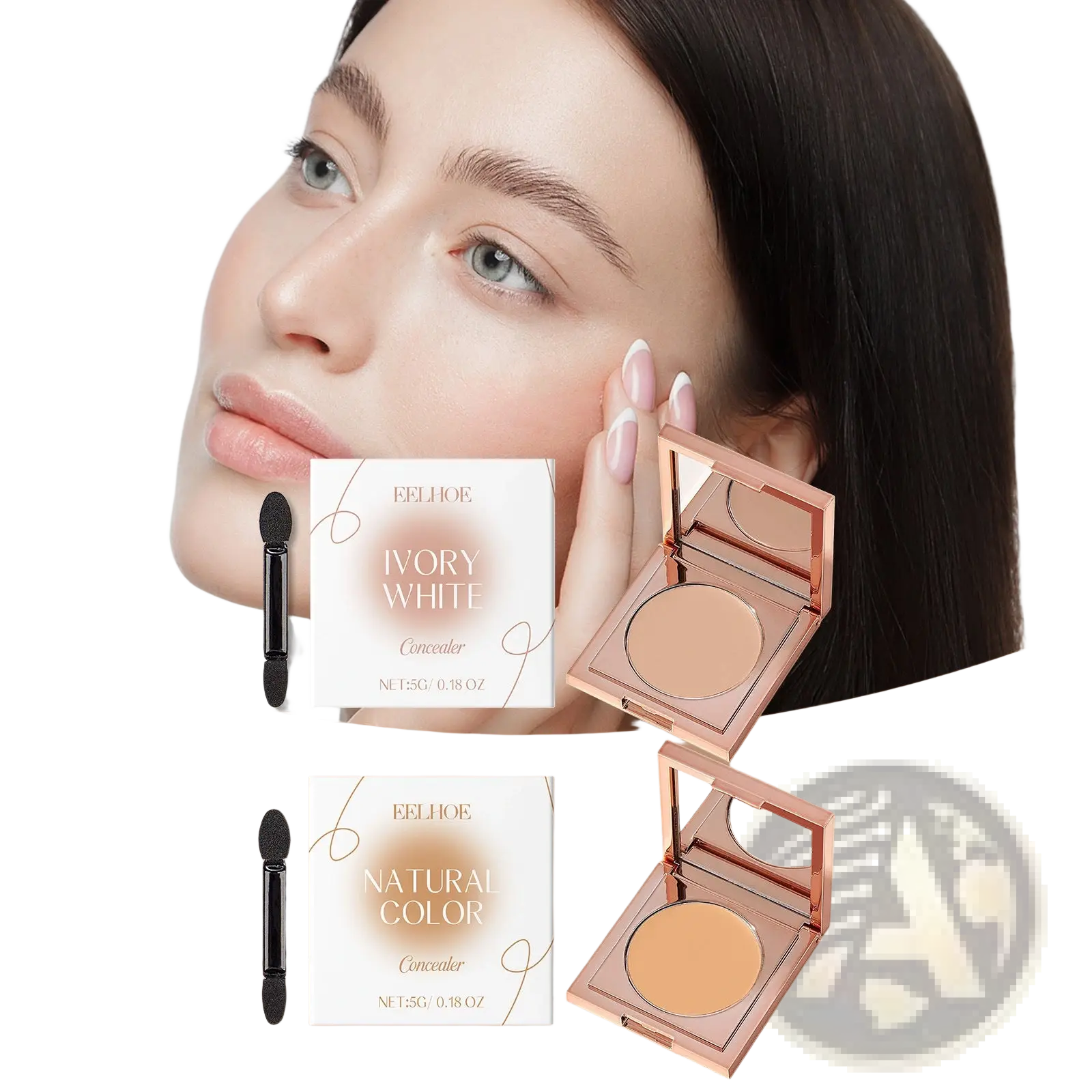 Rose gold eye concealer for sensitive skin with ivory and natural creamy coverage shades paired with black brushes