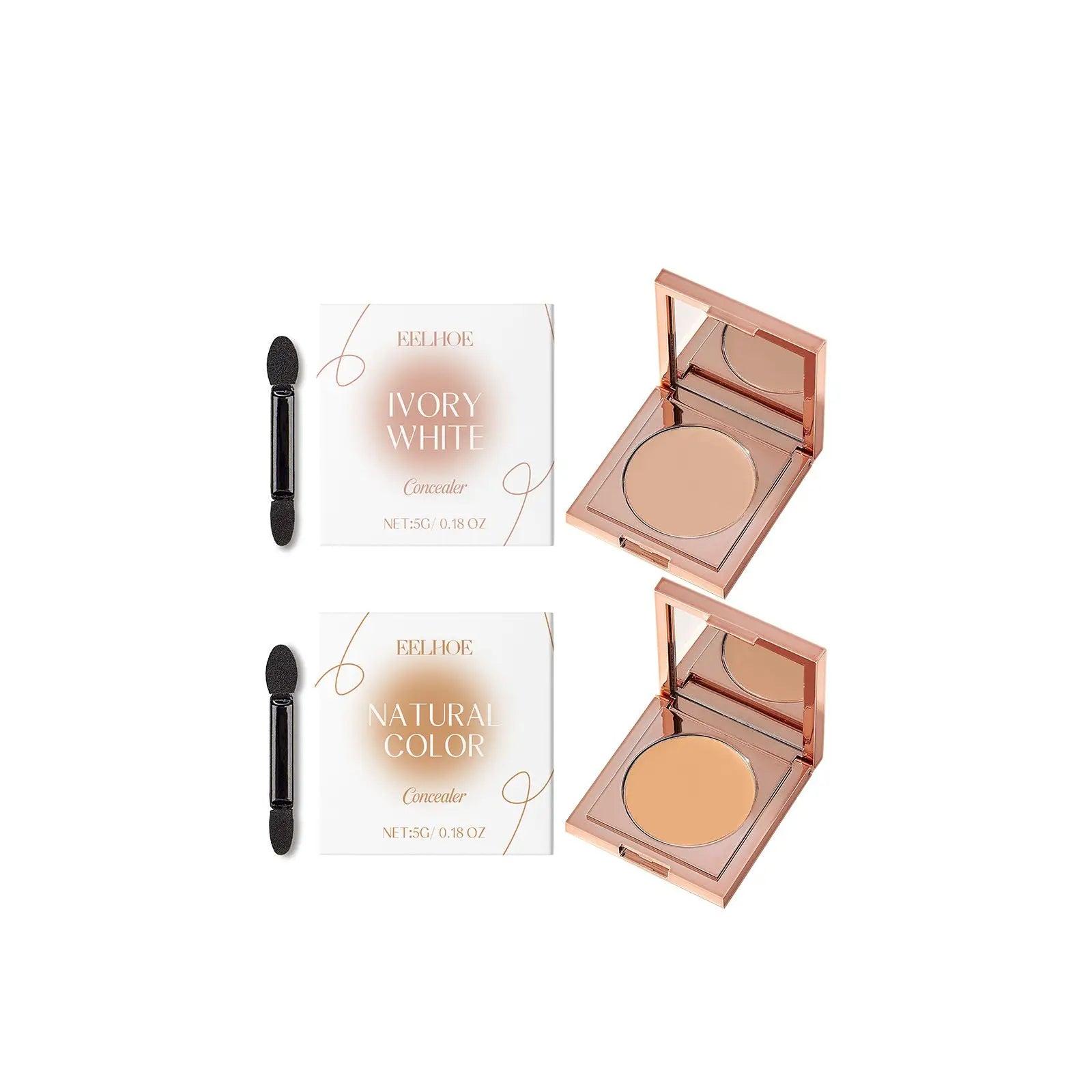 Two rose gold eye concealers for sensitive skin in ivory white and natural color with black applicator brushes